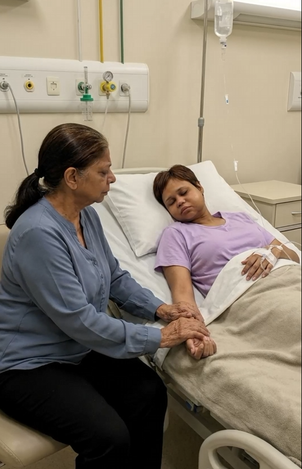 A avó Marlene segurando a mão de Jeovana em um leito de hospital